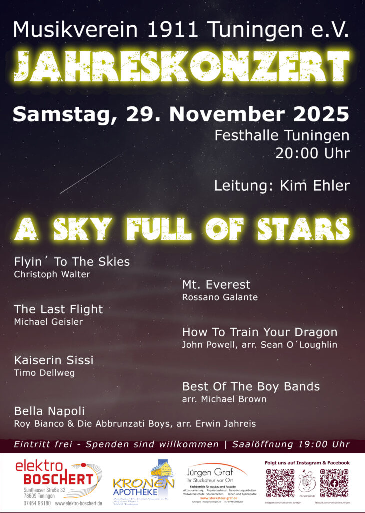 Programm des Jahreskonzertes des Musikvereins Tuningen. Es findet am 29. November 2025 um 20:00 Uhr in der Festhalle Tuningen statt.